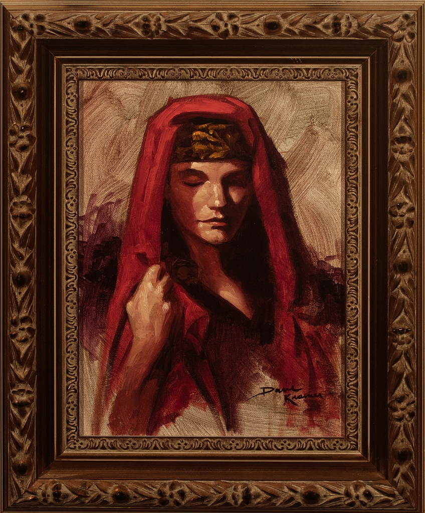 Scarlet Veil, oil study<br>9x12 inch<br>oil on canvas panel<br>framed 14x17<br>$800