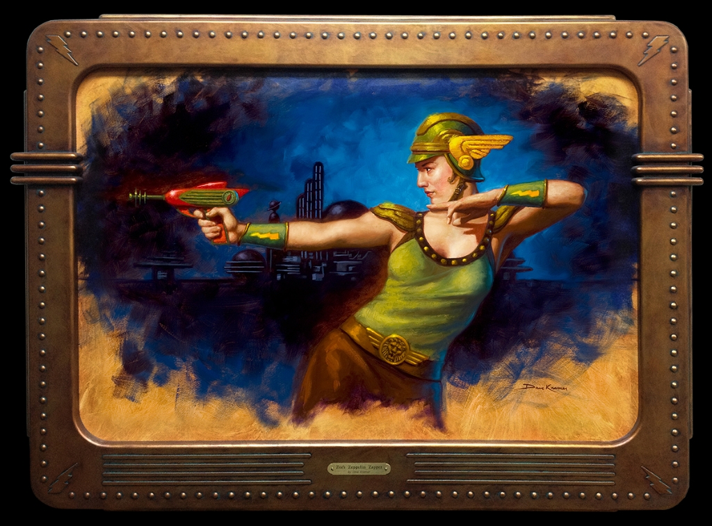 Zoe's Zeppelin Zapper<br>24x30<br>oil on wood panel<br>(one of a kind artist designed frame)<br>$12,000